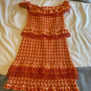 Tularosa Orange Smocked Off-Shoulder Midi Dress with Cream Accents